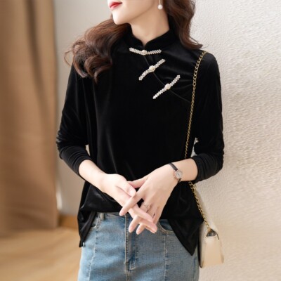 Donna Velluto Camicia Stile Cinese Cheongsam Top Manica Lunga