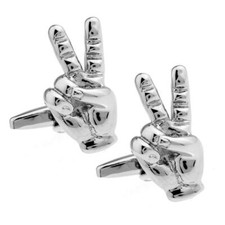 PEACE SIGN CUFFLINKS Two Fingers Hand V Is For Victory NEW w GIFT BAG Churchill