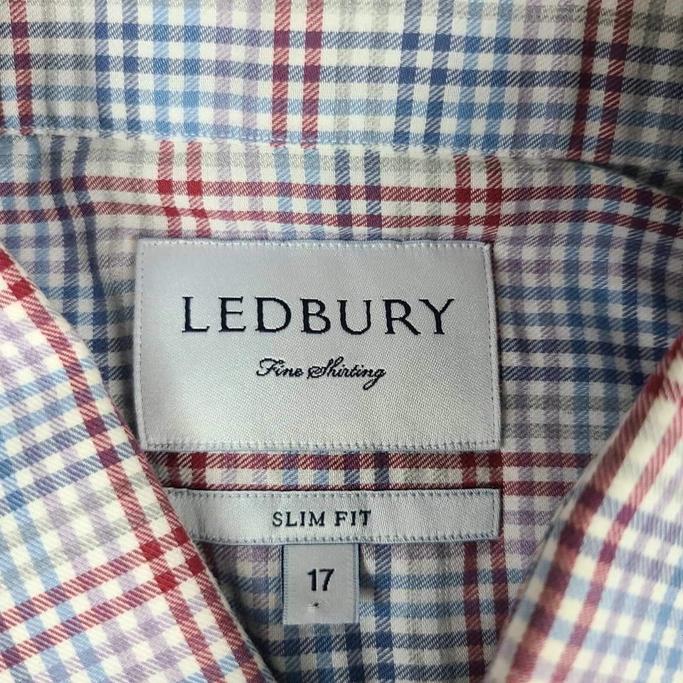 Ledbury Shirt Mens 17 Blue Red Check Plaid Slim Fit Dress Button Up - Image 4 of 4