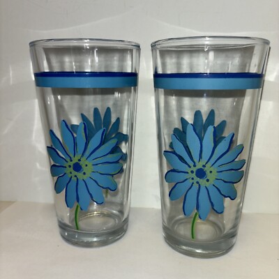 2 Vtg Drinking Ice Tea Glasses Blue Daisy s Marked Indonesia 14 Oz