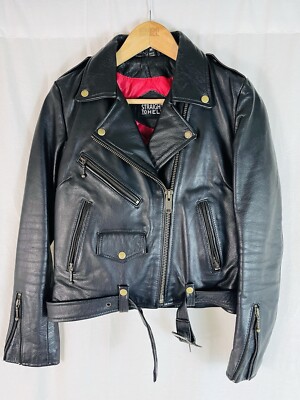 Straight To Hell Black Leather Jacket Commando Motorcycle Womens Medium Brass HW