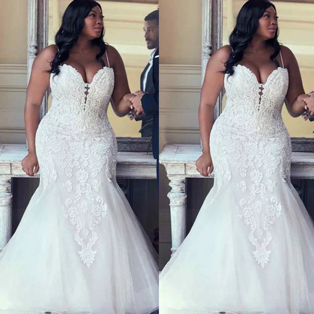 Sexy African Plus Size Mermaid Wedding Dresses with Spaghetti Straps Bridal  Gown