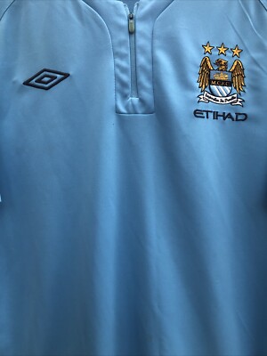 Vintage MANCHESTER CITY Football Shirt Umbro Blue 1/4 Zip Polo