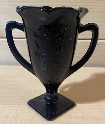 Vintage LE Smith Black Glass Trophy Vase Double Handled Dancing Nymphs