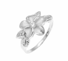 SILVER 925 HAWAIIAN 12MM PLUMERIA FLOWER 4 MAILE LEAF RING RHODIUM SIZE 3-10