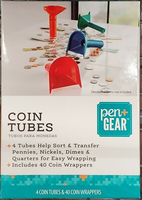 Coin Sorting Plastic Tubes with 40 Paper Wrappers New Quarter Nickle Dime Penny
