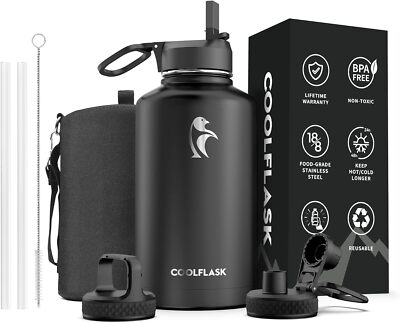 64 oz Water Bottle Insulated with Straw & 3 Lids|Large Metal Stainless Steel Wat