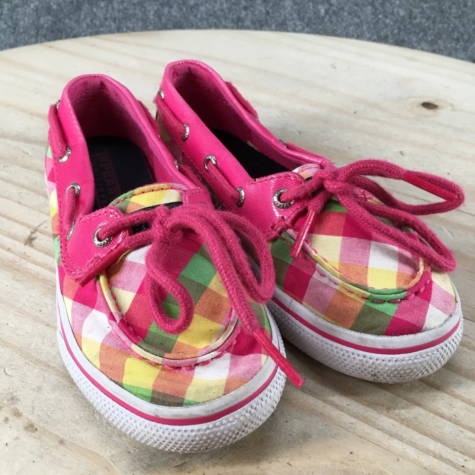 Zapatos de barco Sperry Top Sider jóvenes 10 M Biscayne 1 ojo rosa tela a cuadros con cordones Foto 3 de 4