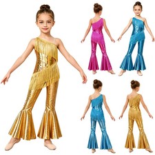 Kids Girls Dancewear Shiny Leotard Gymnastic Metallic Ballroom Costume Romper