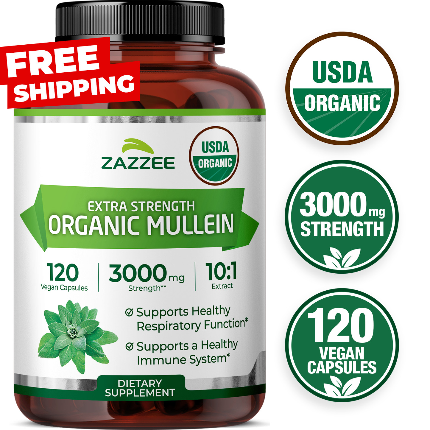 Zazzee USDA Organic Mullein 10:1 Extract, 3000 mg Strength, 120 Vegan Capsules