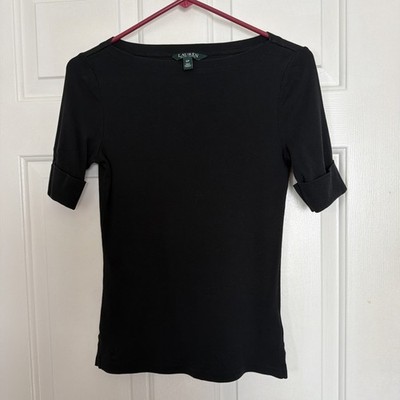 Lauren Ralph Lauren Black boat neck top short sleeves with folded cuffs Size S
