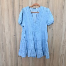 Zara Denim Mini Dress Large Light Wash Tiered Puff Sleeve Boho Western Cottage
