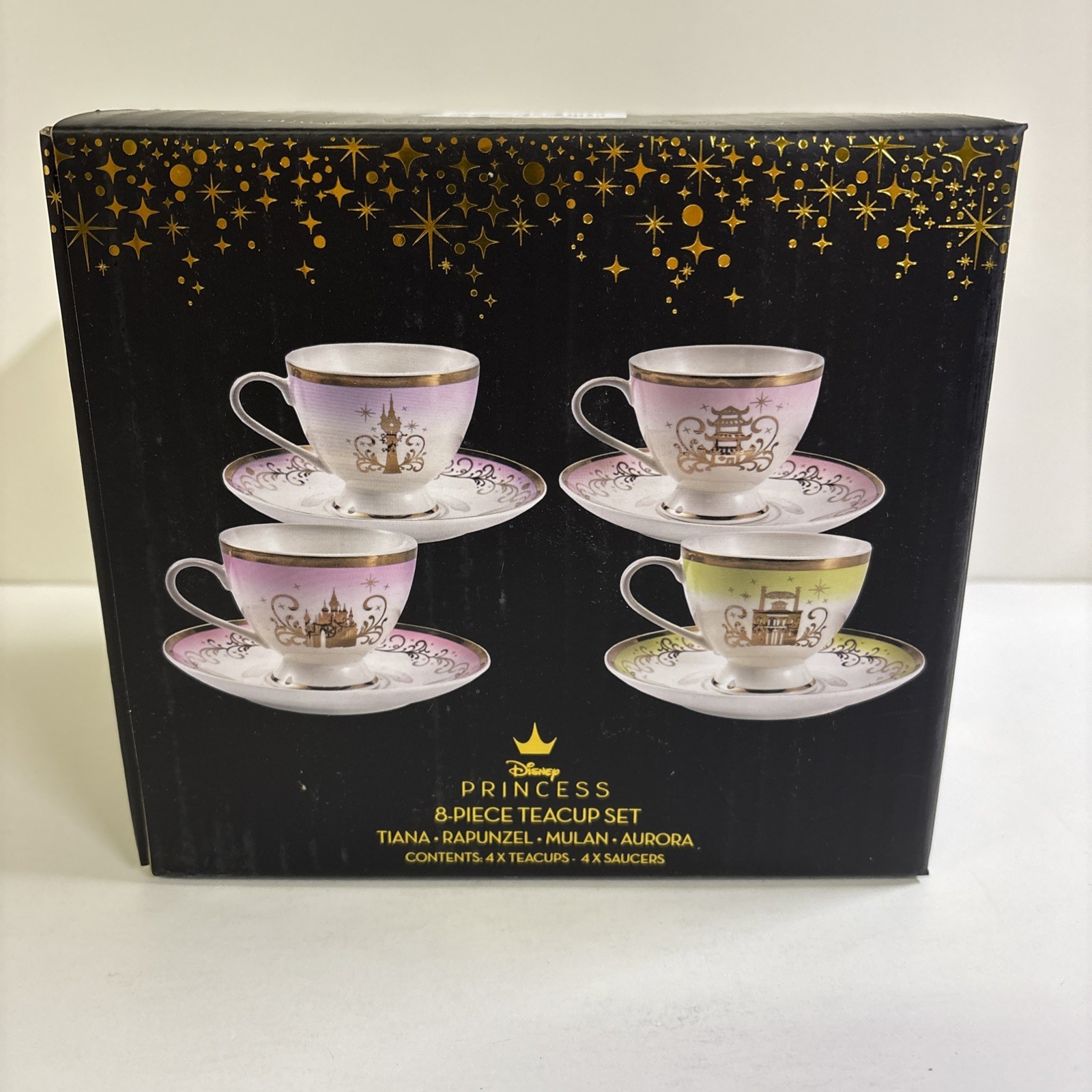 New! Disney Princess 8 Piece Ceramic Teacup Set Tiana Rapunzel Mulan Aurora