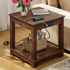 Farmhouse End Table with Charging Station, 2-Tier Large Side Table, Square