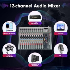12 Channel Sound Audio Mixer Bluetooth USB DJ Live Studio Mixing Console Amplifi