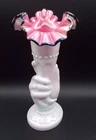 VTG FENTON LARGE BLACK ROSE HAND TORCH VASE CASED, PINK AND BLACK IRIDIZED