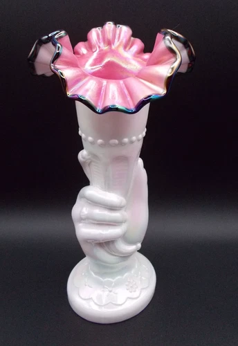 VTG FENTON LARGE BLACK ROSE HAND TORCH VASE CASED, PINK AND BLACK IRIDIZED