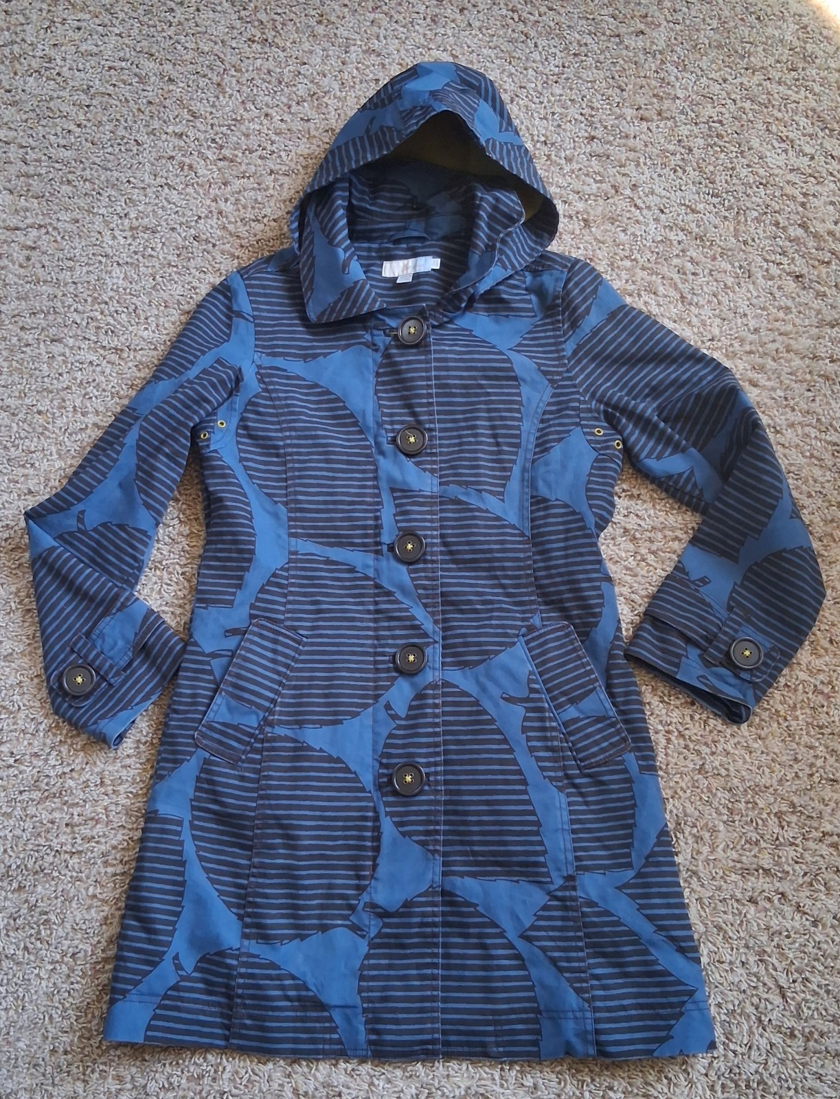 Boden Rainy Day Mustard Fleece Lined Leaf Polka Dot Navy Mac Coat Women’s Size 2