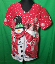 UA Scrubs Red Holiday Christmas Snowman Women's Scrub Top Large Nurse Hospital
