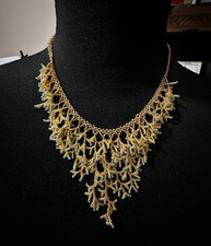 Vintage Beaded Fringe Bib Necklace Gold Tone Seed Beads Blue Accents Statement