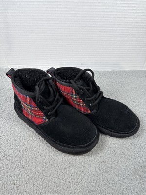UGG Neumel II Size 2 Kids Black Red Plaid Winter Suede Chukka Boots Shoes