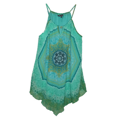 Chiffon Boho Swing Tank Tunic Sz L Blue Print Flowy Hippie Y2K Summer Festival