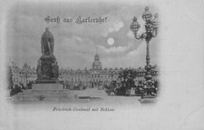 B601 Germany Gruss aus Karlsruhe Friedrich Denkmal Schloss Moonlight postcard