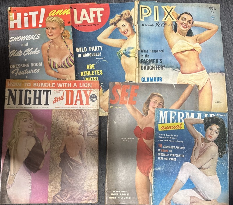 Lot of 7 Vintage Men’s Pin Up Magazines SEE 1947 PIX LAFF Hit Night
