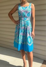 Talbots Paisley Fit-and-Flare Dress Blue Green Pink Sleeveless 2P