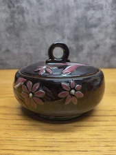 VINTAGE Red Clay Raised Floral Design Hand Painted Lidded Bowl Made in Japan