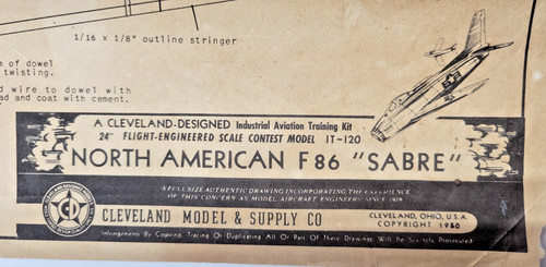 24" Model Airplane PLANS: NA F86 "SABRE" Balsa Cleveland Model No. IT-120