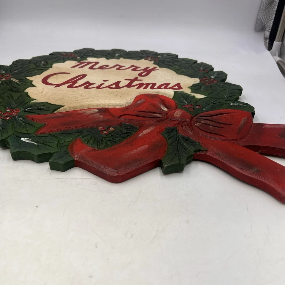 "Letrero de Feliz Navidad vintage tallado a mano madera colgante corona puerta 15""x17""" Foto 4 de 4