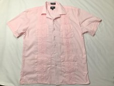 Omega Guayabera Shirt Mens Large Pink Short Sleeve Embroidered 4 Pocket Cuban