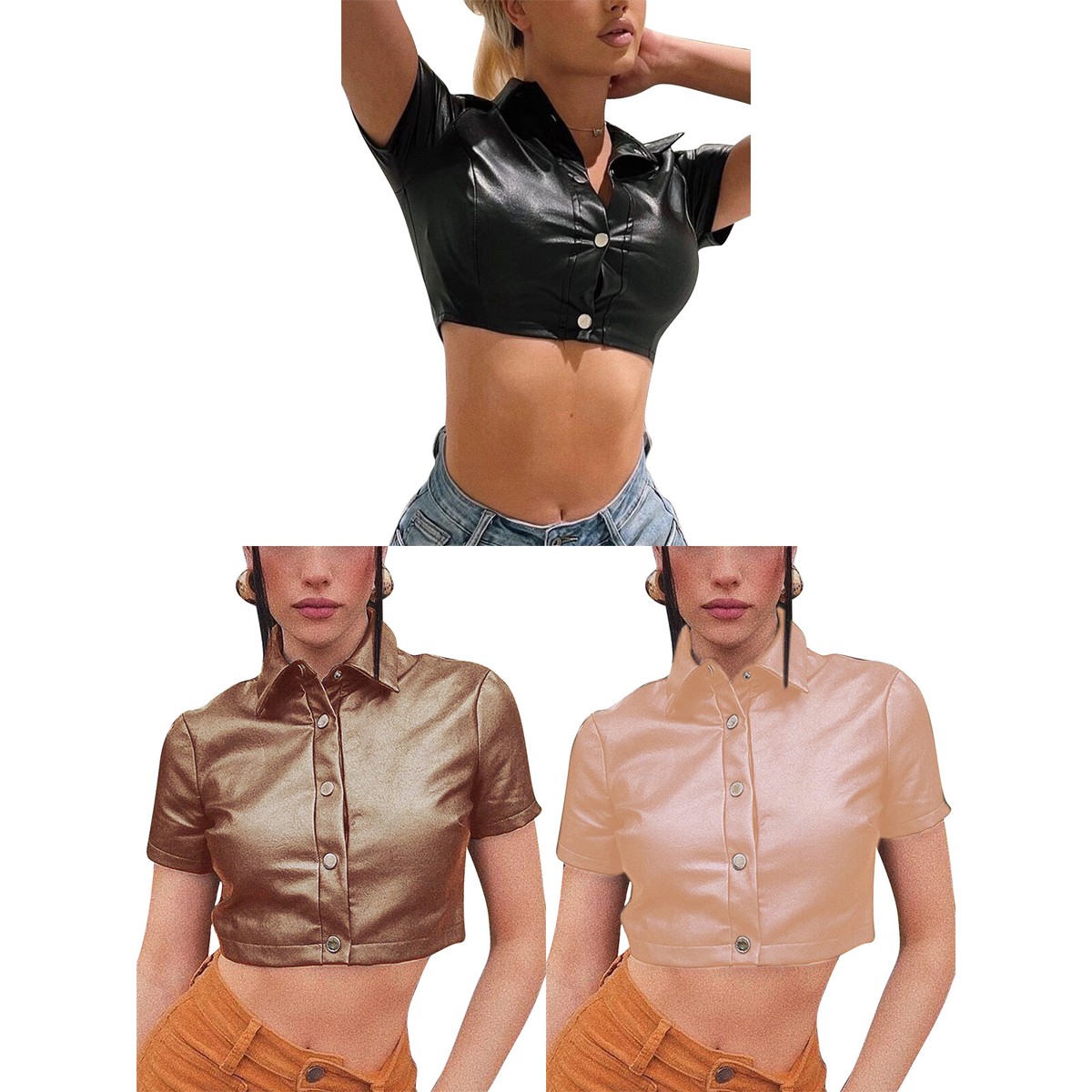 Women PU Leather Short Sleeve Shirt Turn-down Collar Cropped Short Shirts Tops