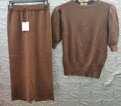 New Vicolo Knitwear Short Sleeve Top & Skirt Set Brown Size Medium