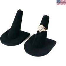 Powder-Coated Black Velvet Ring Finger Holders - Set of 2 for Jewelry Showcases