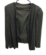 Vintage Black Beaded Open Front Jacket With Sequins Detailed Embellishments