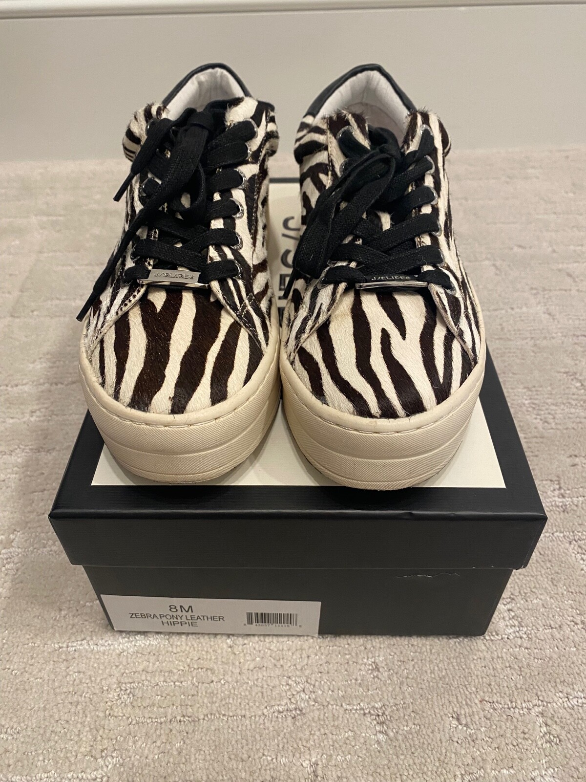 J Slides Sneaker hippie Zebra Pony in pelle bianco marrone da donna taglia 8