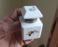 1880s PORCELAIN INKWELL WITH HAND PAINTED BUTTERFLY & FLOWER HINGED LID