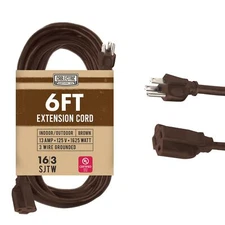 Brown Outdoor Extension Cord 6 ft 13 AMP Heavy Duty 16 AWG Electrical Cord 3 ...