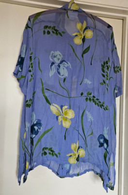 Avenue Blouse Top Shirt floral iris blue button up semi sheer vintage Wmns 18/20