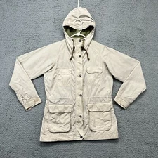 Eddie Bauer Rain Jacket Mens M Beige Mountain Parka Hooded Hiking Utility Trail