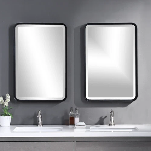 Minimalist Rustic Black Metal Wall Mirror | 30" Thin Frame Curved Edge Vanity - Picture 2 of 7