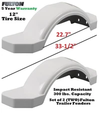 SET OF 2 (TWO) FULTON SINGLE AXLE TRAILER FENDERS 12" WHEELS TIRES SKIRT BOAT