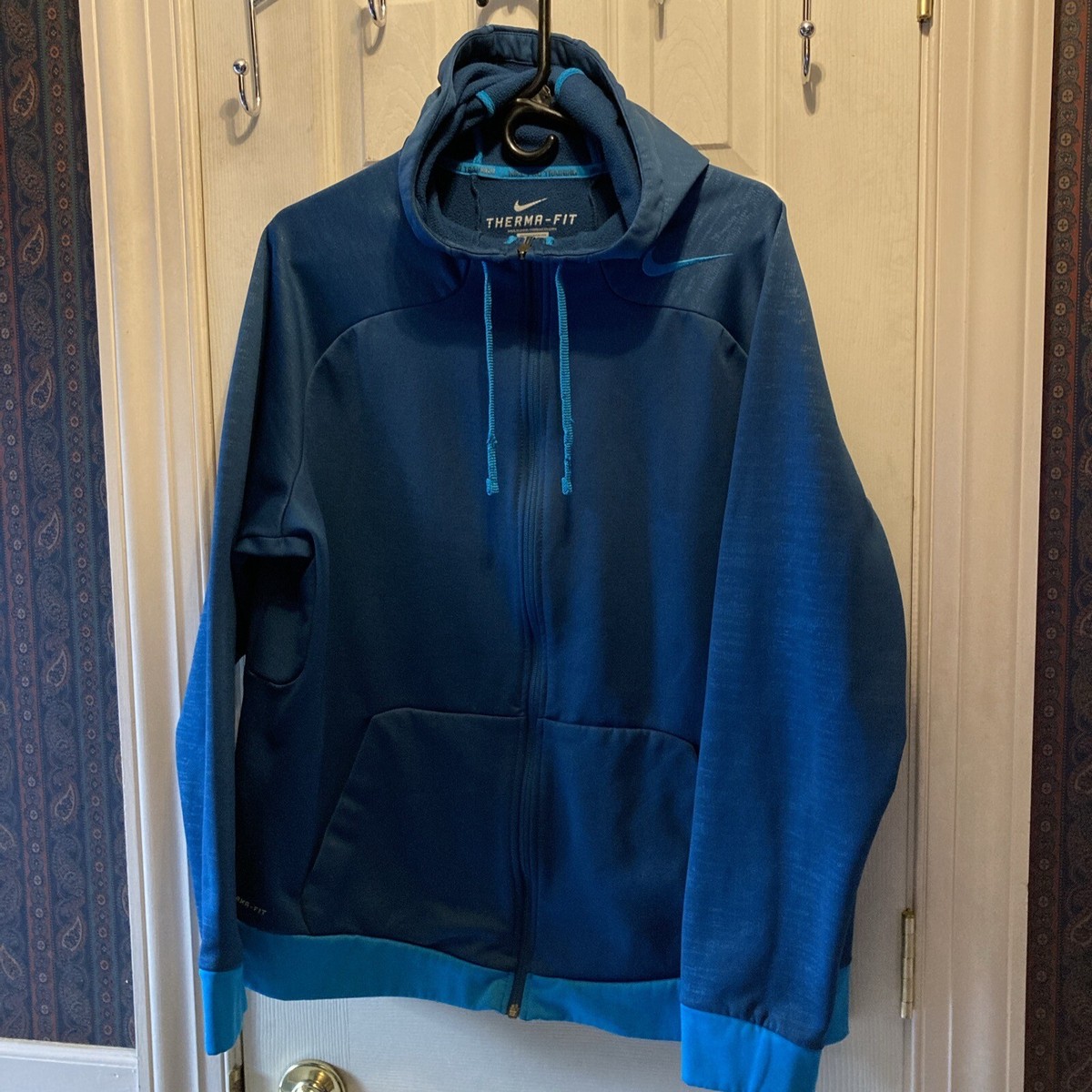 NIKE PRO MENS TRAINING THERMA-FIT BLUE HOODED FULL ZIP JACKET SZ