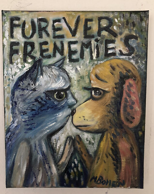 Furever Frienemies original oil painting by Melissa Bollen cats dogs BFF pets 