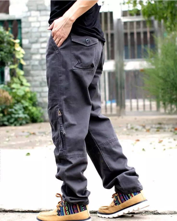 Men's Cotton Cargo Zipper Pockets Work Pants Straight Leg Loost Fit Trousers New