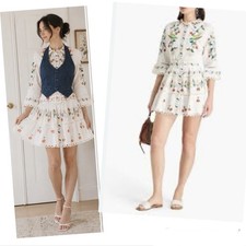 Farm Rio Dress Pitanga Embroidered Belted Mini Tiered Ruffle Cross-stitch Birds