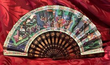 BEAUTIFUL ANTIQUE CHINESE FAMILLE ROSE BLACK LACQUER WOOD QING 1000 FACES FAN