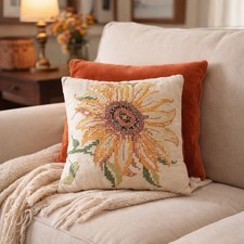 Vintage Hand Embroidered Sunflower Pillow 12 x 12 Cross Stitch Floral Linen